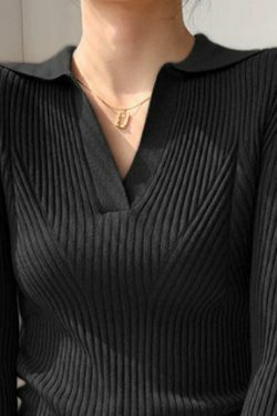 Y2K Aesthetic Solid V-Neck Ribbed Splice Sweater for Women
