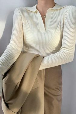 Y2K Aesthetic Solid V-Neck Ribbed Splice Sweater for Women