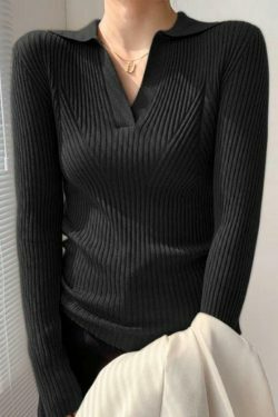 Y2K Aesthetic Solid V-Neck Ribbed Splice Sweater for Women