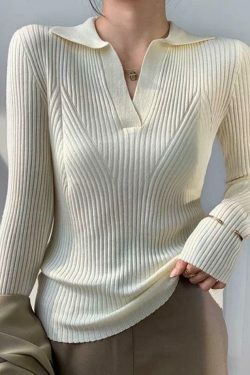 Y2K Aesthetic Solid V-Neck Ribbed Splice Sweater for Women