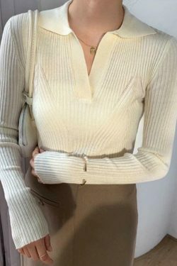 Y2K Aesthetic Solid V-Neck Ribbed Splice Sweater for Women