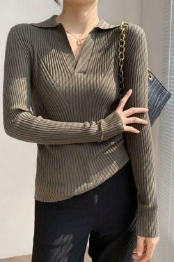 Y2K Aesthetic Solid V-Neck Ribbed Splice Sweater for Women