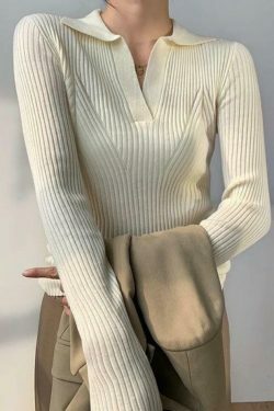 Y2K Aesthetic Solid V-Neck Ribbed Splice Sweater for Women