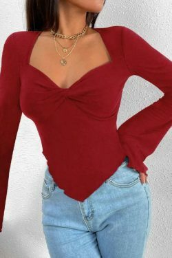 Y2K Aesthetic Solid V-Neck Ruched Irregular Hem Knit Long Sleeve Tee