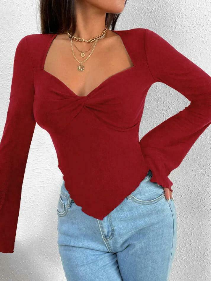 Y2K Aesthetic Solid V-Neck Ruched Irregular Hem Knit Long Sleeve Tee