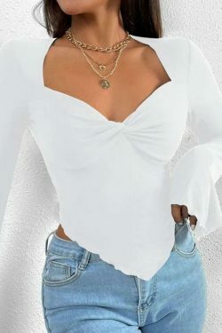 Y2K Aesthetic Solid V-Neck Ruched Irregular Hem Knit Long Sleeve Tee