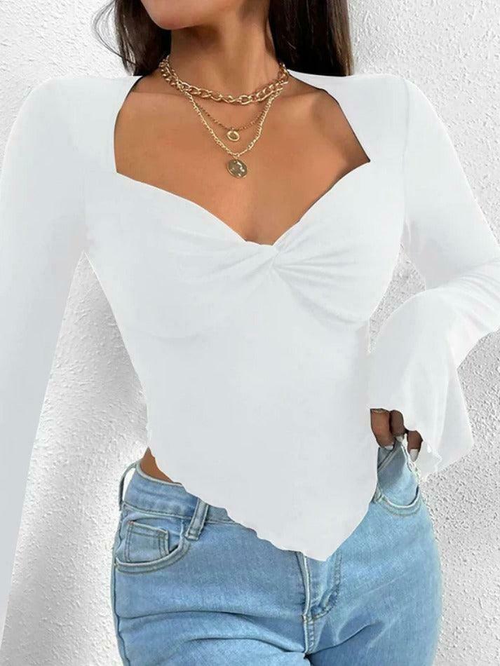 Y2K Aesthetic Solid V-Neck Ruched Irregular Hem Knit Long Sleeve Tee