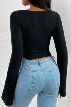 Y2K Aesthetic Solid V-Neck Ruched Irregular Hem Knit Long Sleeve Tee