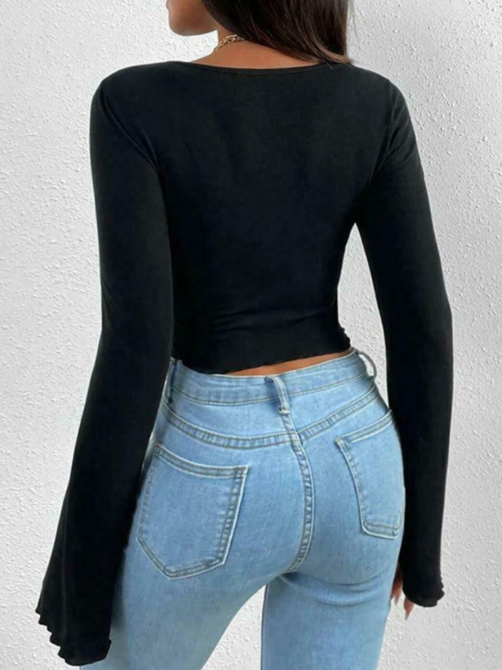 Y2K Aesthetic Solid V-Neck Ruched Irregular Hem Knit Long Sleeve Tee