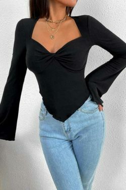 Y2K Aesthetic Solid V-Neck Ruched Irregular Hem Knit Long Sleeve Tee