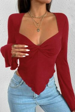 Y2K Aesthetic Solid V-Neck Ruched Irregular Hem Knit Long Sleeve Tee