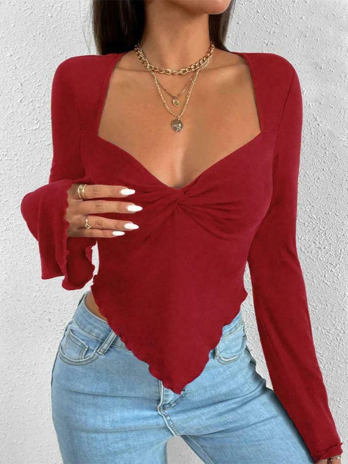 Y2K Aesthetic Solid V-Neck Ruched Irregular Hem Knit Long Sleeve Tee