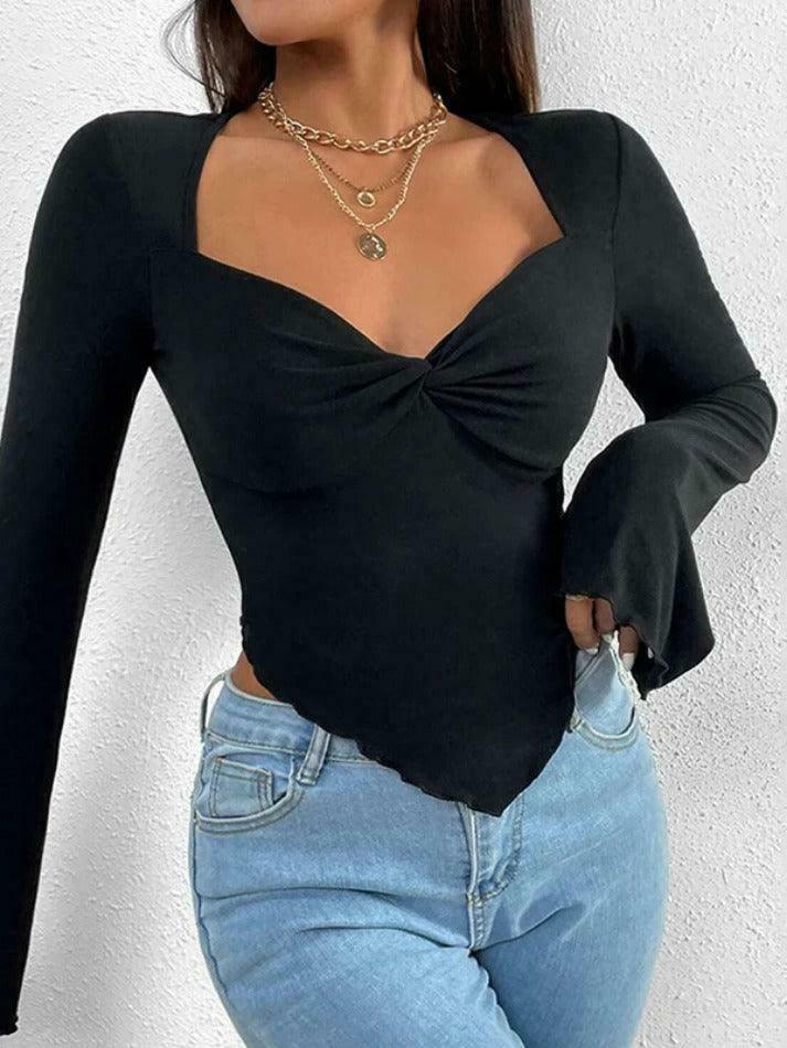 Y2K Aesthetic Solid V-Neck Ruched Irregular Hem Knit Long Sleeve Tee