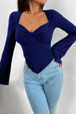 Y2K Aesthetic Solid V-Neck Ruched Irregular Hem Knit Long Sleeve Tee