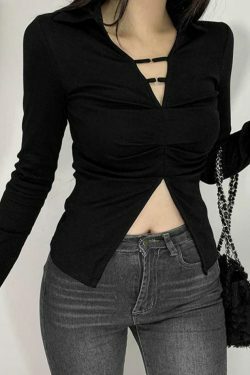 Y2K Aesthetic Solid V-Neck Shirred Slit Long Sleeve Tee for Women - Coquette & Gr
