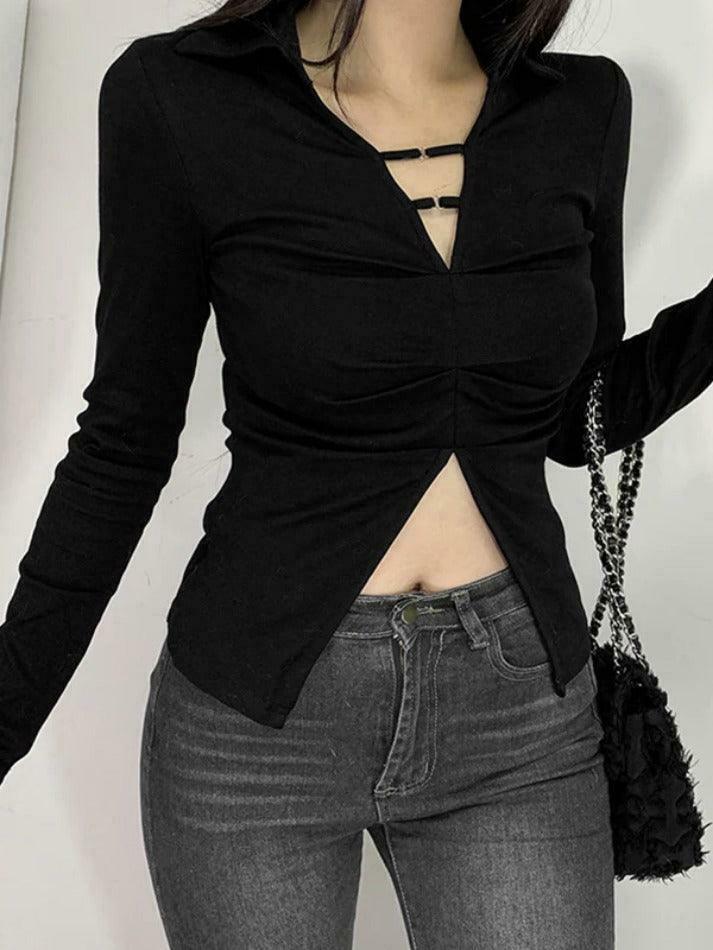 Y2K Aesthetic Solid V-Neck Shirred Slit Long Sleeve Tee for Women - Coquette & Gr