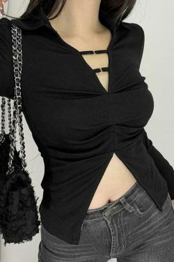 Y2K Aesthetic Solid V-Neck Shirred Slit Long Sleeve Tee for Women - Coquette & Gr