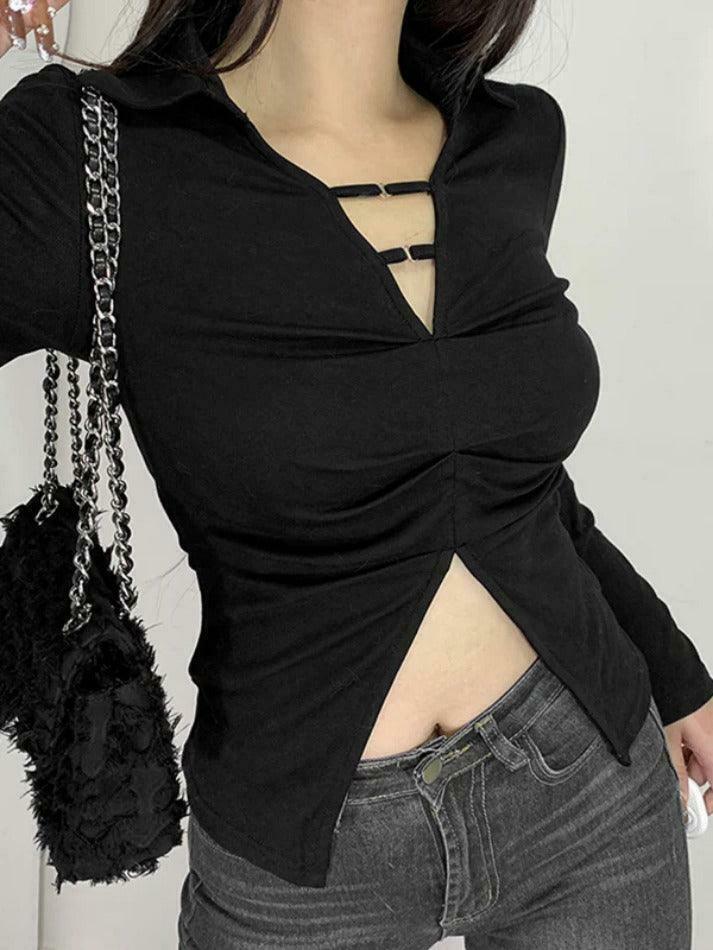 Y2K Aesthetic Solid V-Neck Shirred Slit Long Sleeve Tee for Women - Coquette & Gr