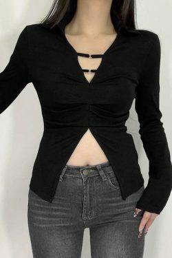 Y2K Aesthetic Solid V-Neck Shirred Slit Long Sleeve Tee for Women - Coquette & Gr