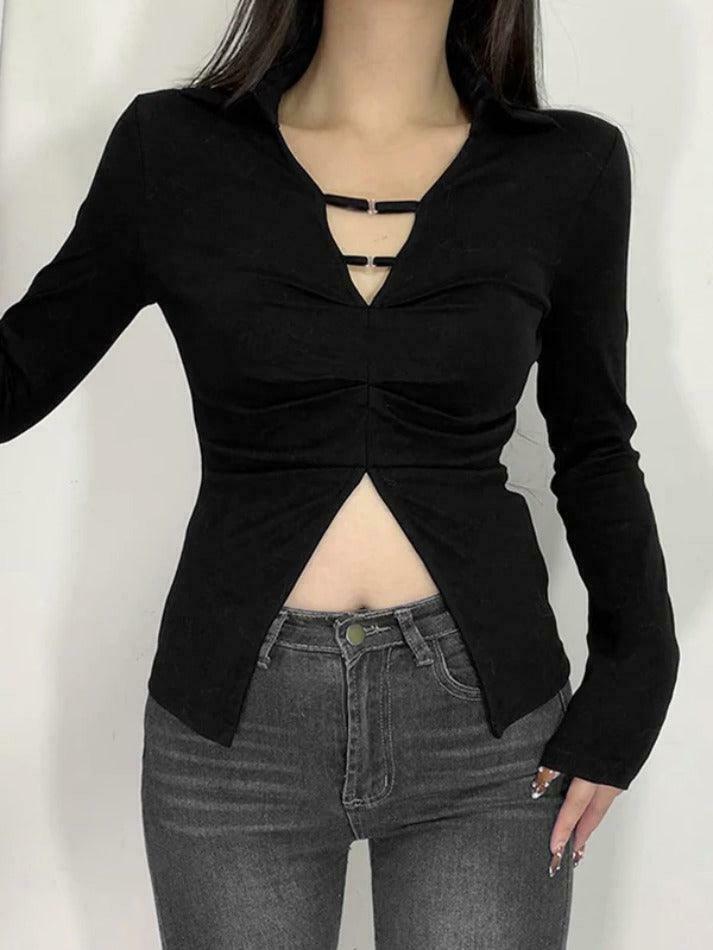 Y2K Aesthetic Solid V-Neck Shirred Slit Long Sleeve Tee for Women - Coquette & Gr