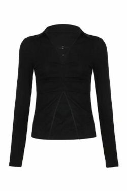 Y2K Aesthetic Solid V-Neck Shirred Slit Long Sleeve Tee for Women - Coquette & Gr