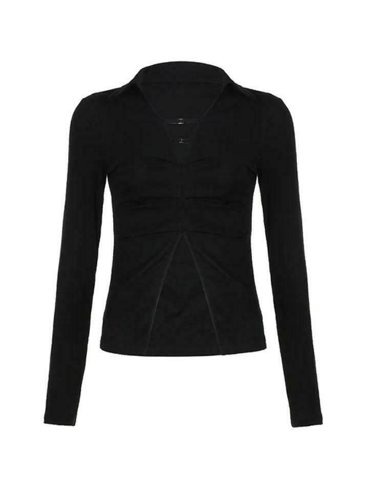 Y2K Aesthetic Solid V-Neck Shirred Slit Long Sleeve Tee for Women - Coquette & Gr