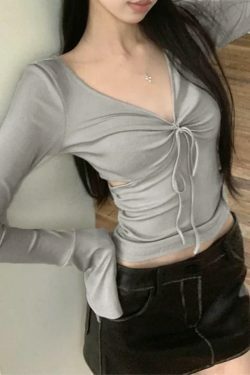 Y2K Aesthetic Solid V-Neck Side Cutout Trumpet Sleeve Knit Sweater