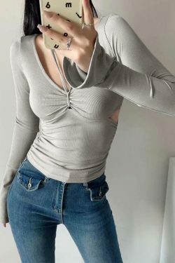 Y2K Aesthetic Solid V-Neck Side Cutout Trumpet Sleeve Knit Sweater