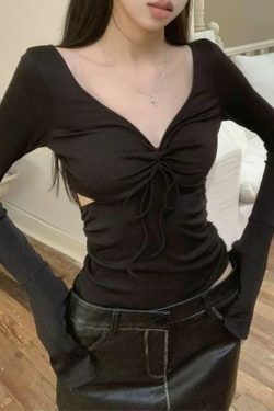 Y2K Aesthetic Solid V-Neck Side Cutout Trumpet Sleeve Knit Sweater