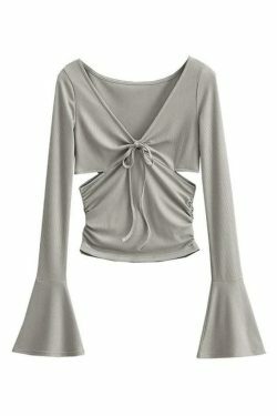 Y2K Aesthetic Solid V-Neck Side Cutout Trumpet Sleeve Knit Sweater