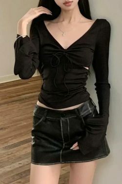 Y2K Aesthetic Solid V-Neck Side Cutout Trumpet Sleeve Knit Sweater