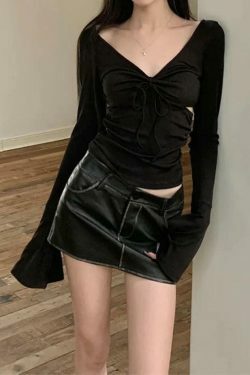 Y2K Aesthetic Solid V-Neck Side Cutout Trumpet Sleeve Knit Sweater