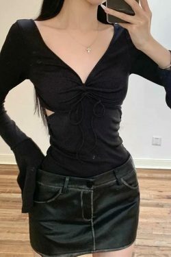 Y2K Aesthetic Solid V-Neck Side Cutout Trumpet Sleeve Knit Sweater