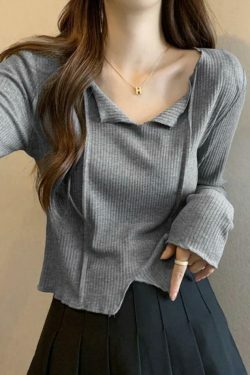 Y2K Aesthetic Solid V-Neck Slit Hem Long Sleeve Knit Sweater