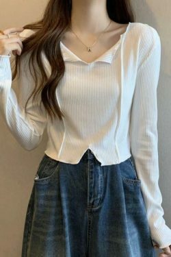 Y2K Aesthetic Solid V-Neck Slit Hem Long Sleeve Knit Sweater