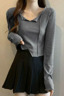 Y2K Aesthetic Solid V-Neck Slit Hem Long Sleeve Knit Sweater