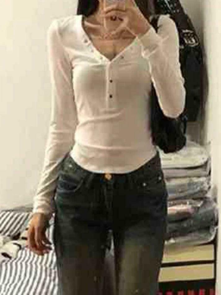 Y2K Aesthetic Solid V-Neck Snap Button Slim Long Sleeve Knit Sweater