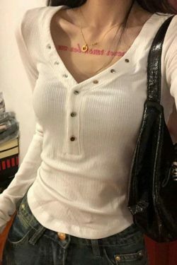 Y2K Aesthetic Solid V-Neck Snap Button Slim Long Sleeve Knit Sweater
