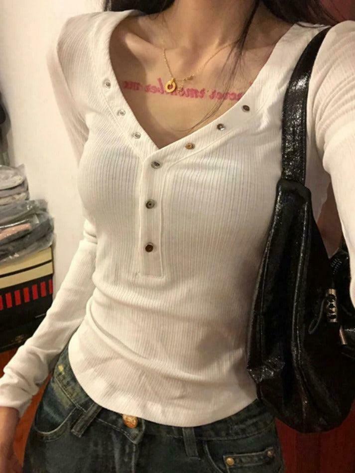 Y2K Aesthetic Solid V-Neck Snap Button Slim Long Sleeve Knit Sweater
