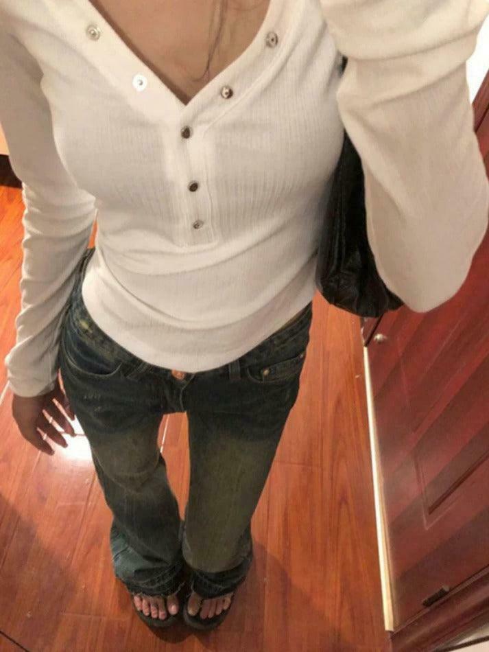 Y2K Aesthetic Solid V-Neck Snap Button Slim Long Sleeve Knit Sweater