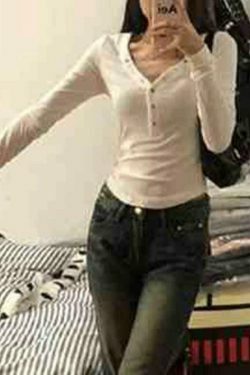 Y2K Aesthetic Solid V-Neck Snap Button Slim Long Sleeve Knit Sweater