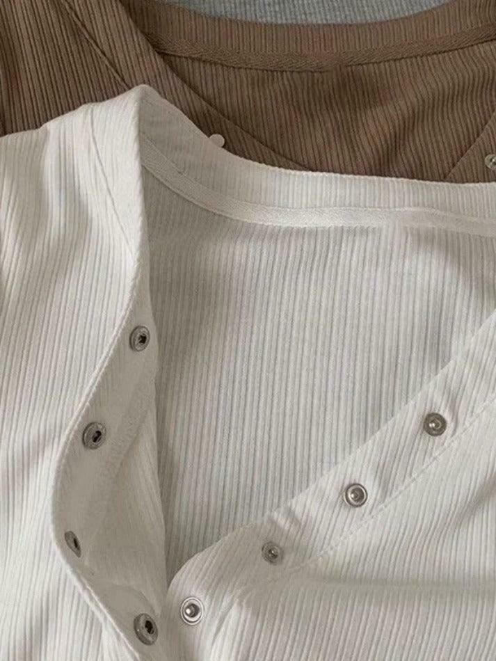 Y2K Aesthetic Solid V-Neck Snap Button Slim Long Sleeve Knit Sweater