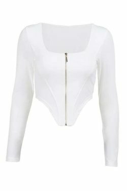 Y2K Aesthetic Solid Zip-Up Irregular Hem Long Sleeve Tee