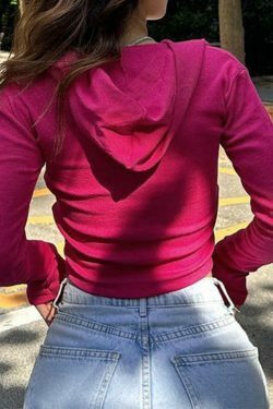 Y2K Aesthetic Solid Zip Up Hooded Cropped Knit Sweater