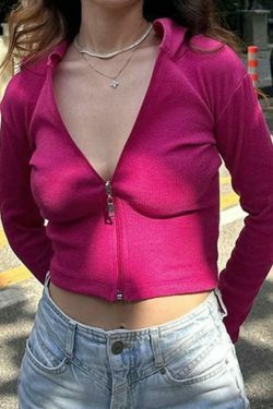 Y2K Aesthetic Solid Zip Up Hooded Cropped Knit Sweater