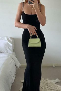 Y2K Aesthetic Spaghetti-Strap Maxi Sheath Dress for Women - Coquette & Grunge Style Fashion