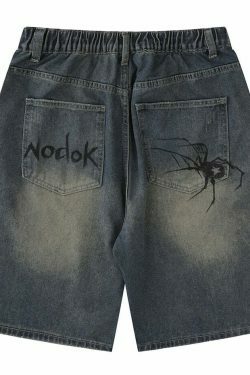 Y2K Aesthetic Spider Print Denim Shorts for Women - Coquette Style Grunge Fashion