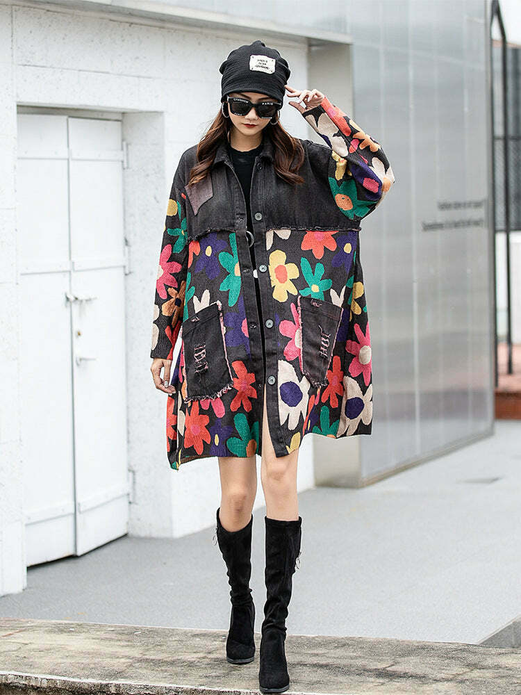 Y2K Aesthetic Spliced Denim Lapel Jacket for Women - Coquette & Grunge Style Cargo Skirt Outfit