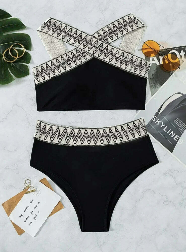 Y2K Aesthetic Spliced Wave Board Swimsuit Bikini - Niche Women Fashion