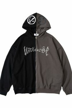 Y2K Aesthetic Spliced Zip Up Hoodie for Women - Coquette & Grunge Style Fashion Statement